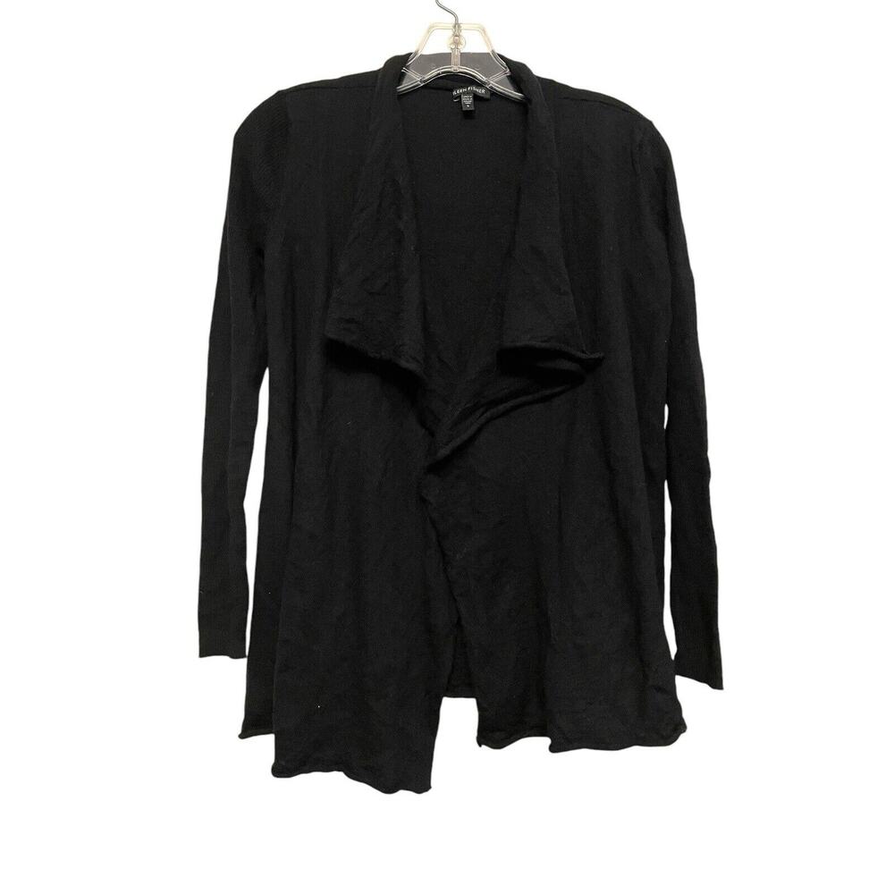 Eileen Fisher 100% Merino Wool Open Cardigan Sweater Size Small Black Boho Light